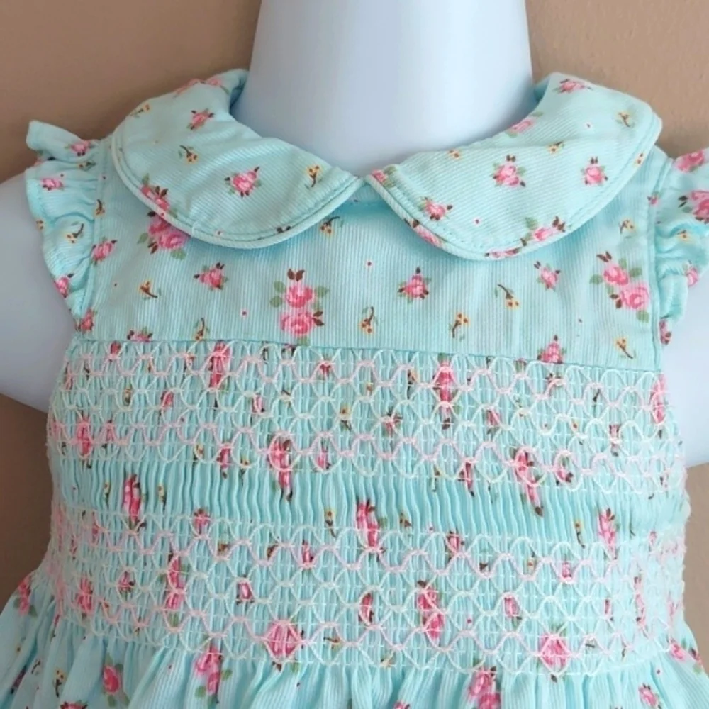 Laura Ashley Turquoise Blue Floral Smocked Tieback Dress with bloomers- sz 9 mos